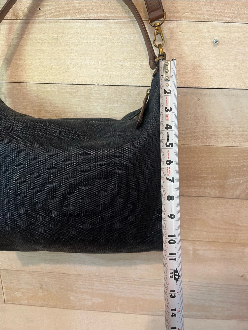 Fossil Woven Navy Hobo Shoulder Bag with Brown Leather Trim